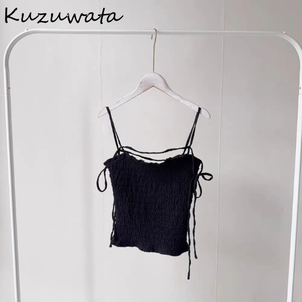 

Kuzuwata Office Lady Solid Shoulder Strap Slim Vest Casual New Sexy Ruched Short Lace Up Tees Japan Pure Desire All-match Camis