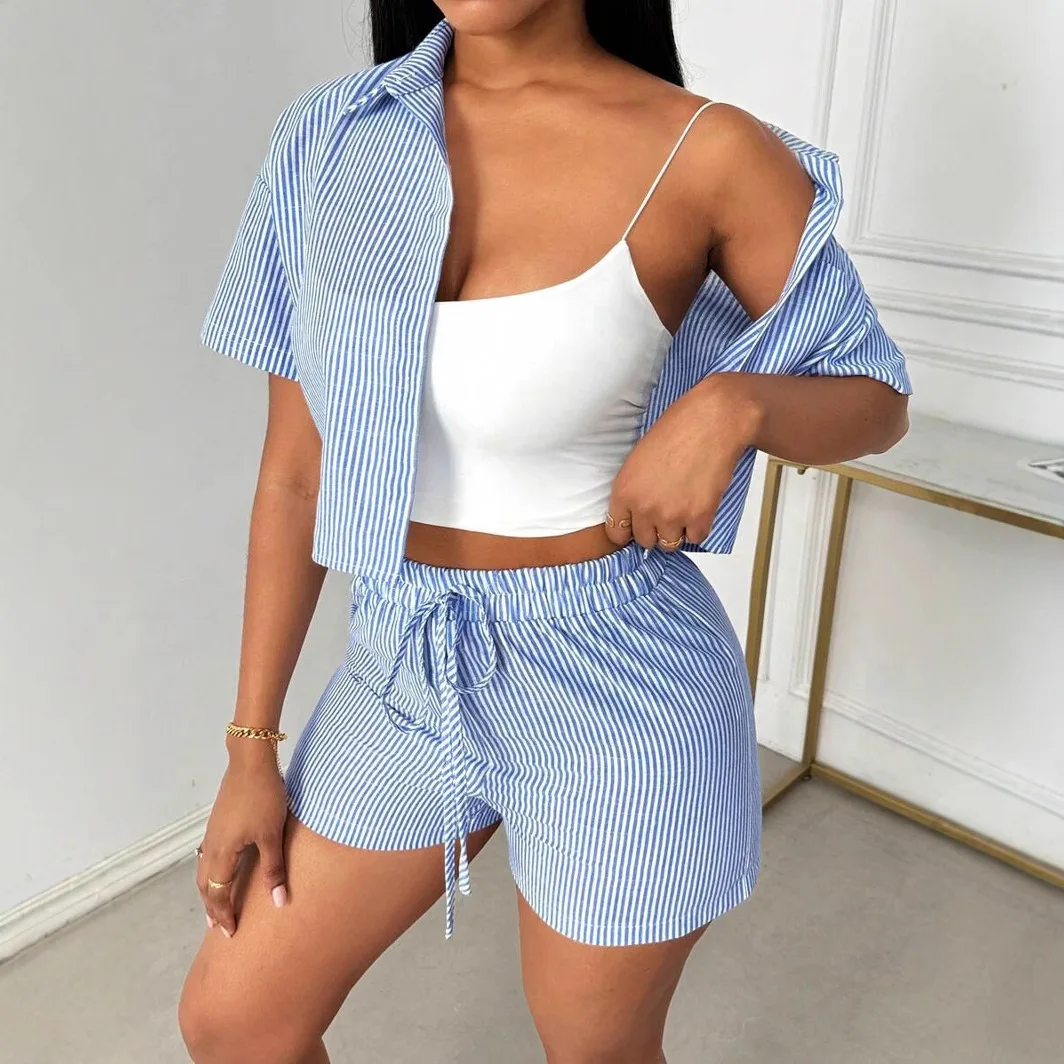 Casual 2 Pieces Set For Woman Striped Two Piece Outfits New In Matching Sets Simple Style All-match Short Sleeves Shirts Shorts