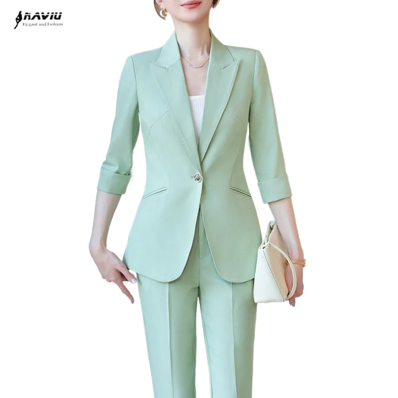 

NAVIU Half Sleeve Elegant Women Business Suits Spring Summer Formal Uniform Designs Pantsuits Professional Blazers Trousers Sets