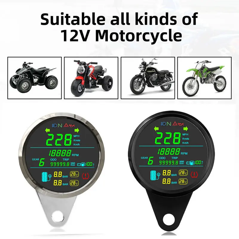 85mm Motorbike GPS Speedometer Tachometer & Fuel Gauge 0~99999 km/h Odometer 2 In 1 Motorcycle Tire pressure Gauge with Alarm