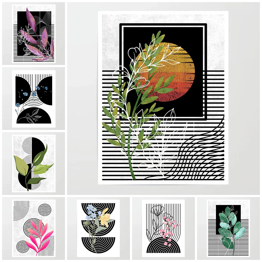 

Elegance Geometric White Floral Posters Minimalist Sunset Flowers Modern Prints Canvas Painting Wall Pictures Home Room Decor