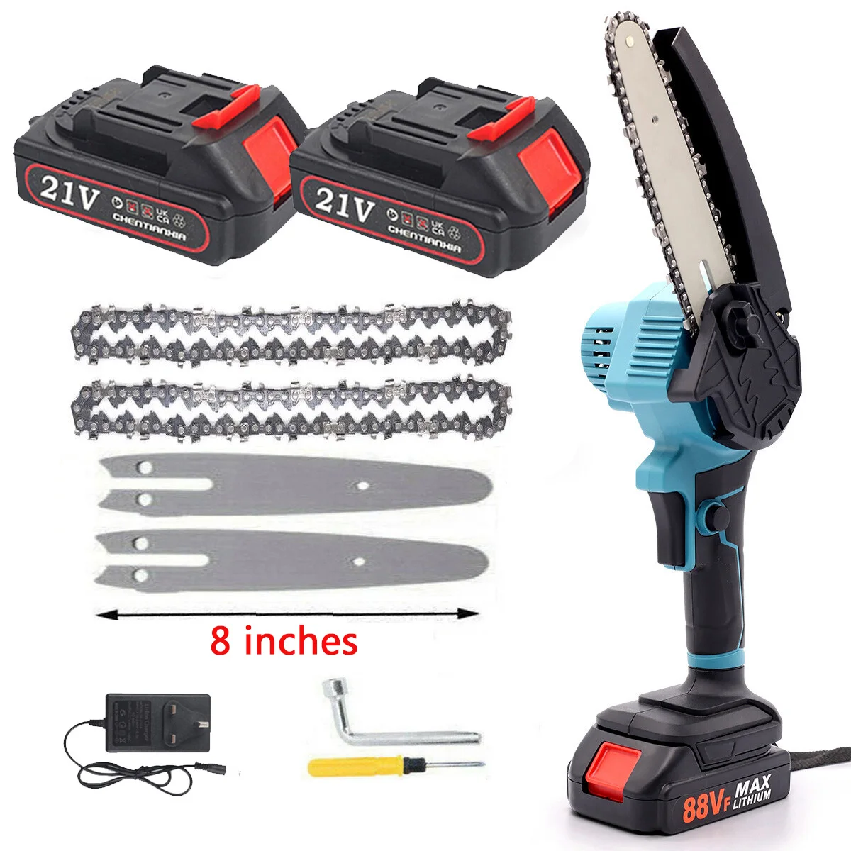 21V 8 Inches Wireless Mini Chainsaw with 2 Battery, Handheld Electric Saw for Wood/Branches, Household, Gardening