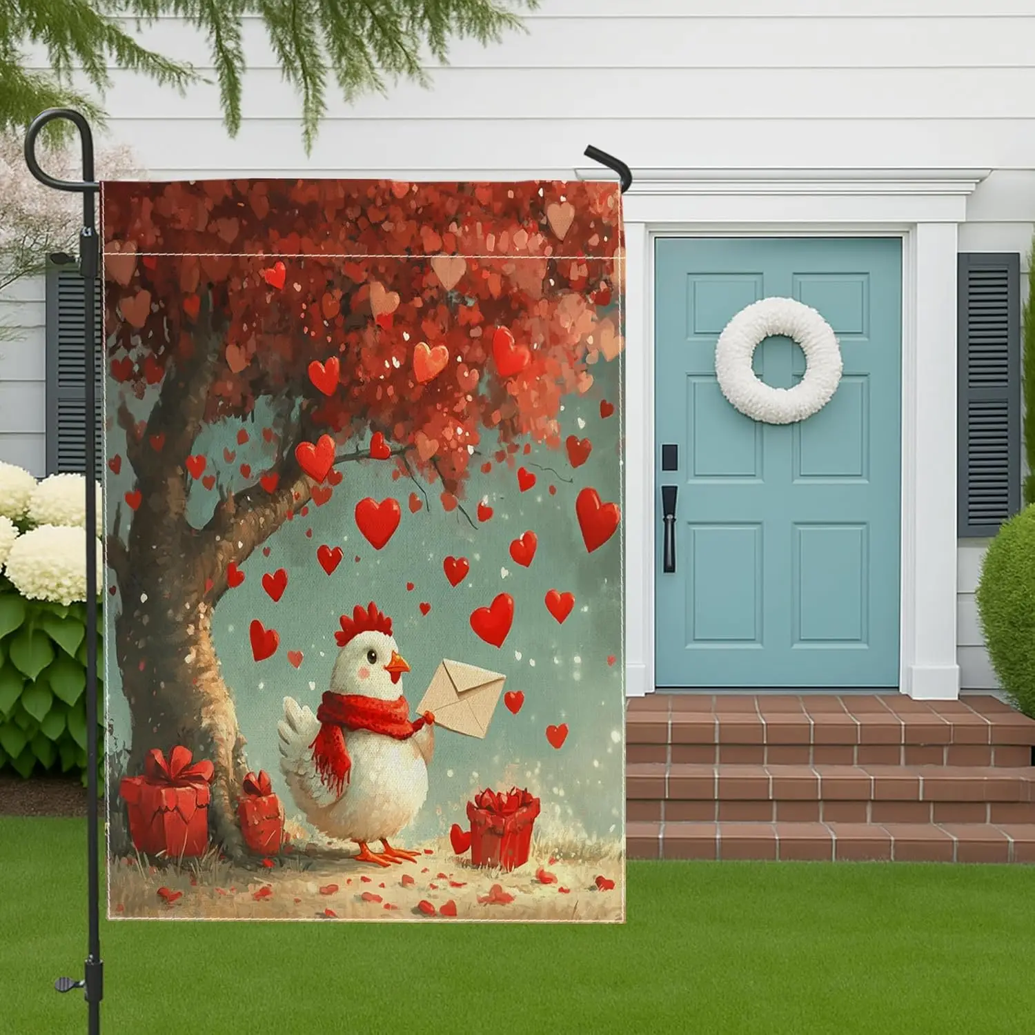 Valentine's Day Chicken Garden Flags 12x18 Inch for Outside, Fun Heart Tree Rooster Cock Standard Vertical Linen Flags,  IIX