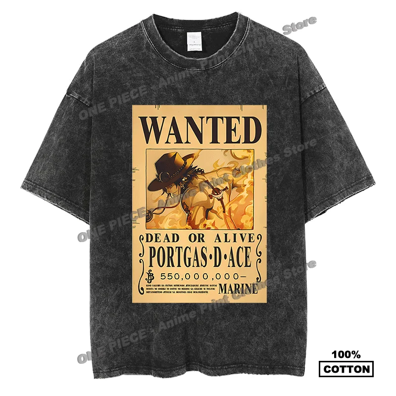 

Anime One Piece Wanted Print T Shirt y2k Harajuku Street Casual Men Women Short Sleeve Quality Cotton Washed Vintage Loose Tees