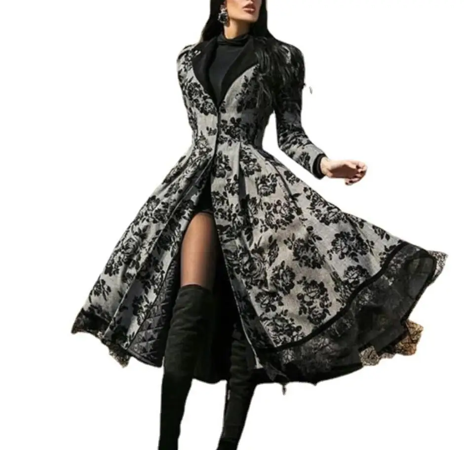 Women's Dress Autumn Winter Lady Coat 2021 Long Sleeve Medieval Lace Stitching Jacket Slim and Elegant Long Black Grey Dresses