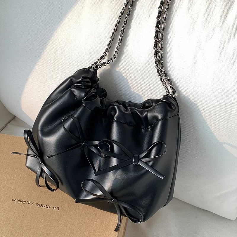 Bow pu fashion bag Women's solid color chain underarm bag high-grade soft leather pleated shoulder bag