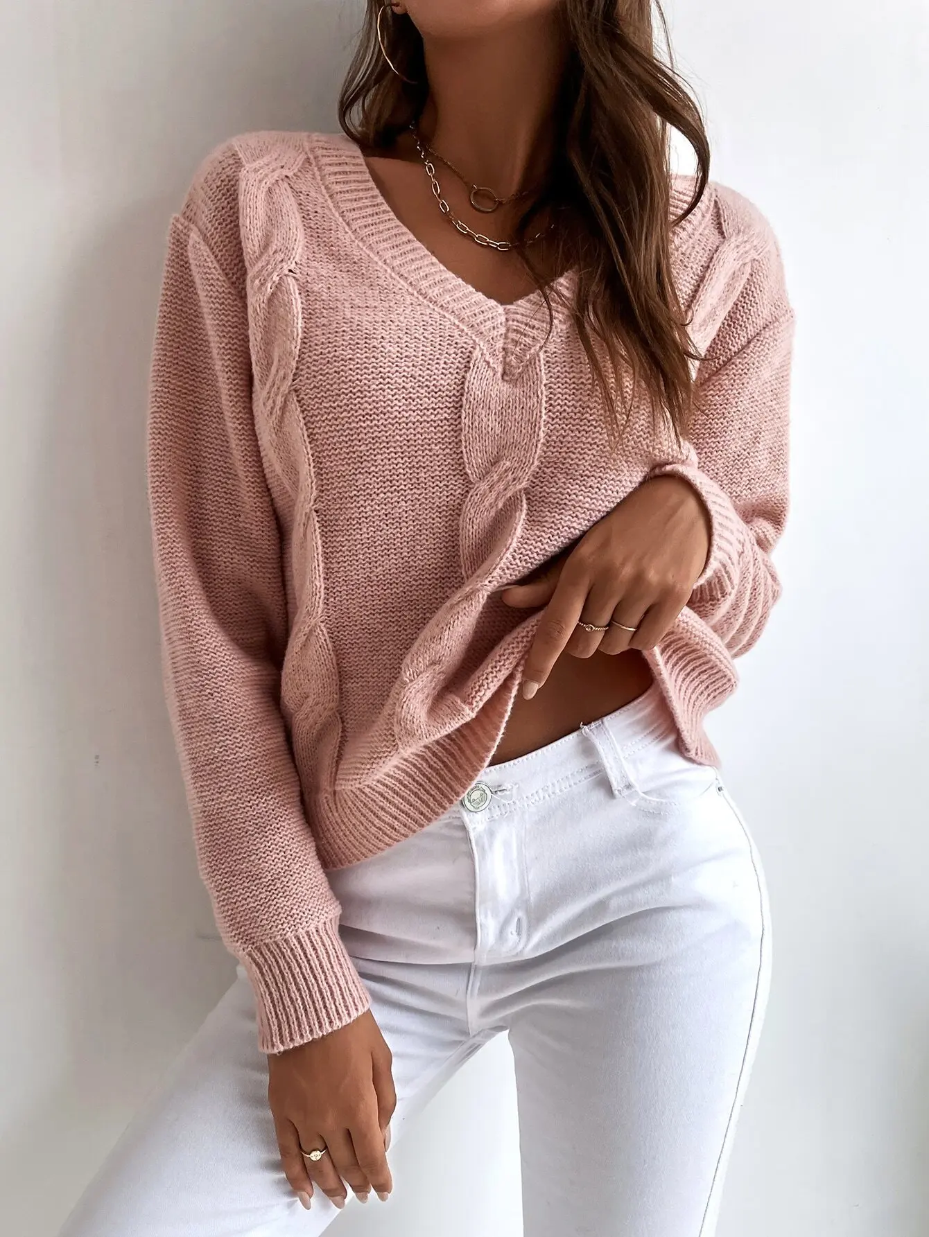 

Pink Cable Knit V-Neck Sweater, Long Sleeve Crop Top for Casual Fall Outfits