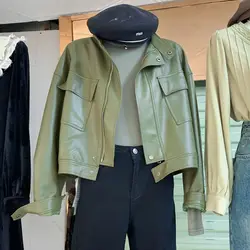 Green Leather Coat 2023 New Spring  Autumn Motorcycle Leather Jacket Women's PU Short Fashion  Leather Coat