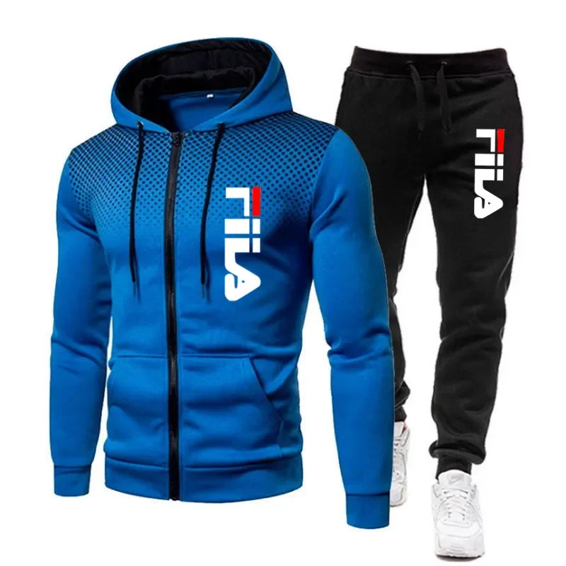 Conjunto de sudadera con capucha y pantalones de chándal con cremallera estampada para hombre, conjunto de ropa deportiva para correr, fitness, moda de ocio, otoño e invierno