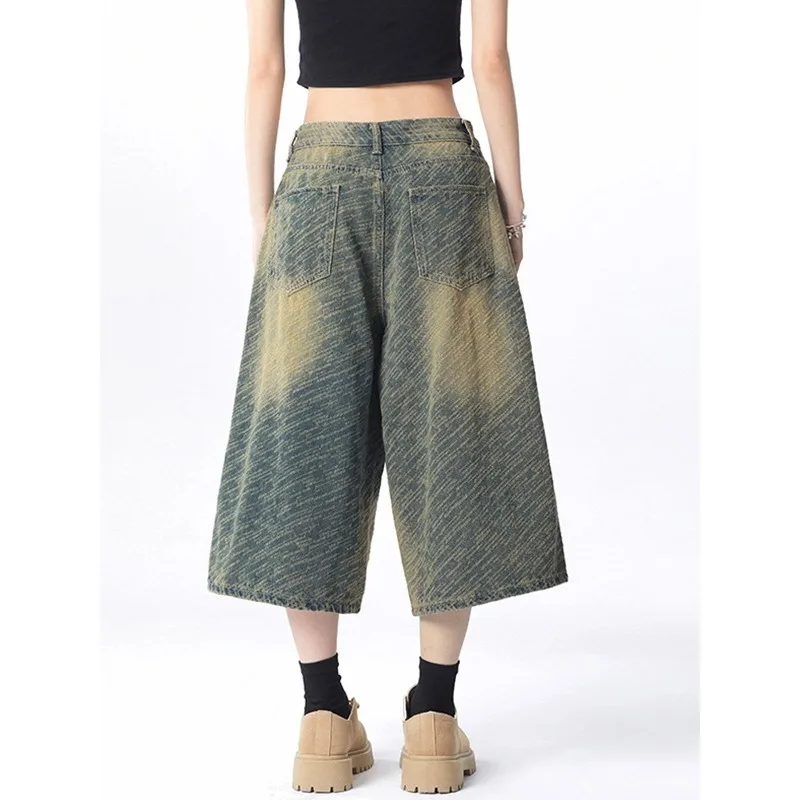 Unisex Vintage Washed Jacquard Denim Shorts Mid-Length Relaxed Fit Straight Streetwear Slimming Summer 2025
