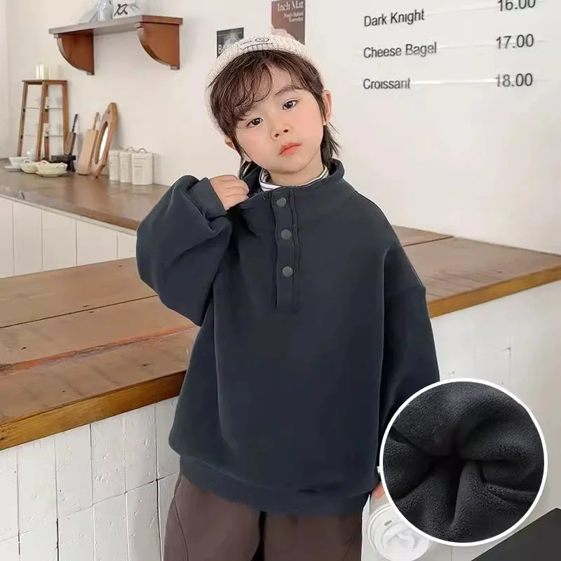 2-12 Years Boys Fashion Button Stand Collar Sweatshirt Autumn Winter Polar Fleece Warm Pullover Kids Casual Long Sleeve Top