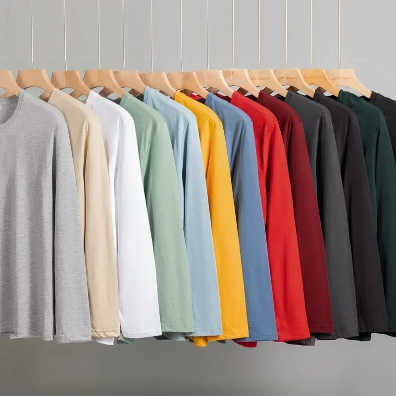 2024 Men's Solid Color Round Neck Cotton Long Sleeved T-shirt Summer Comfortable Top