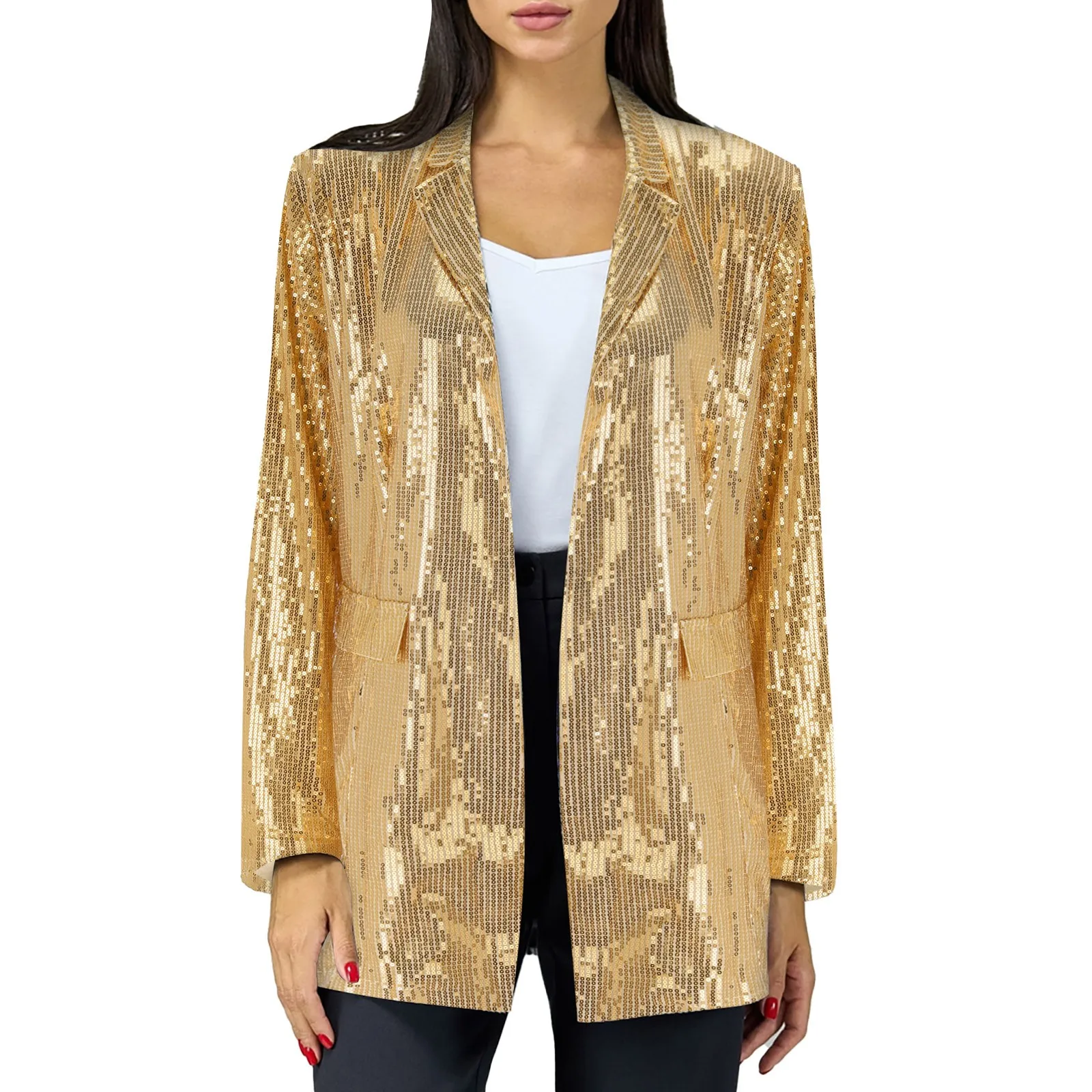 Sequin Blazer Jackets For Women Glitter Solid Color Lapel Suit Coat Double Pocket Streetwear Tops Elegant Ladies Office Wear