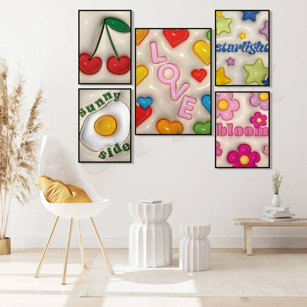 Cartel de letras de burbujas, arte de luz de estrellas, fruta de cereza, corazón de arcoíris de arte de amor, arte floral, cartel de tortilla, decoración de sala de arte pop