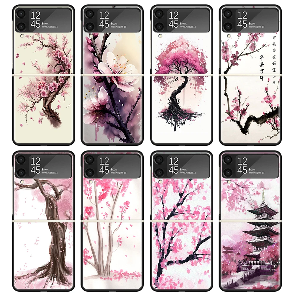 Cherry Blossom Tree Case For Samsung Galaxy Z Flip 4 5 3 z Flip5 Flip4 5G Hard Phone Cover Flip3 Split Folding Black Plastic Coq