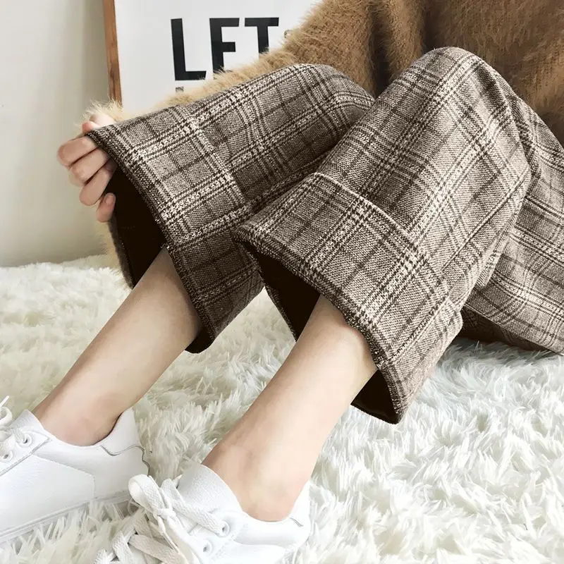 Loose Straight Plaid Wide Leg Pants Female Autumn Winter Fashion Preppy Style Pockets Casual High Waist Trousers Women Clothing