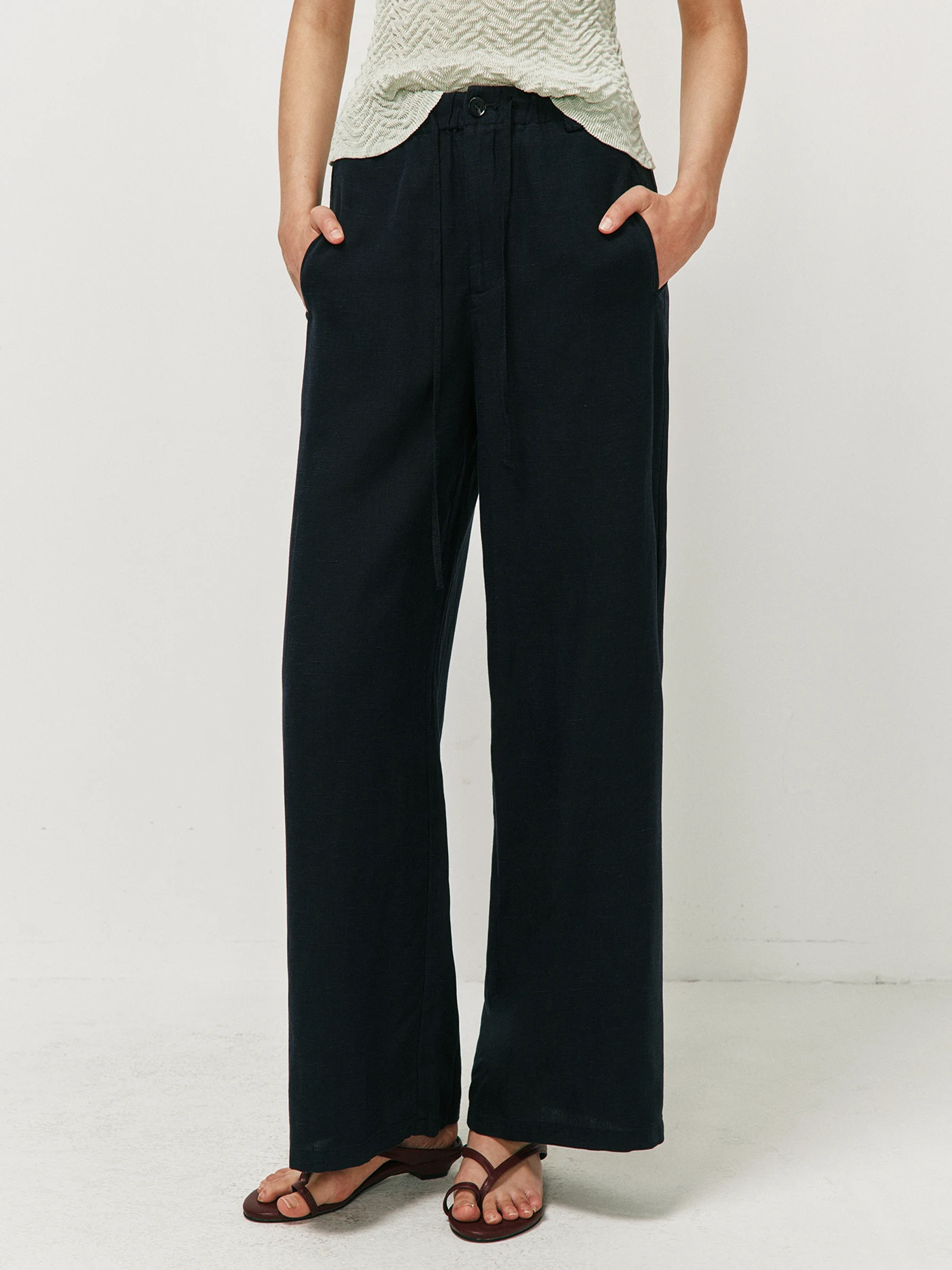 Casual Wide Leg Straight Cut Rigid Waist Elastic Drawstring Loose Fit Casual Pants Long Trousers Comfortable Breathable Ladies