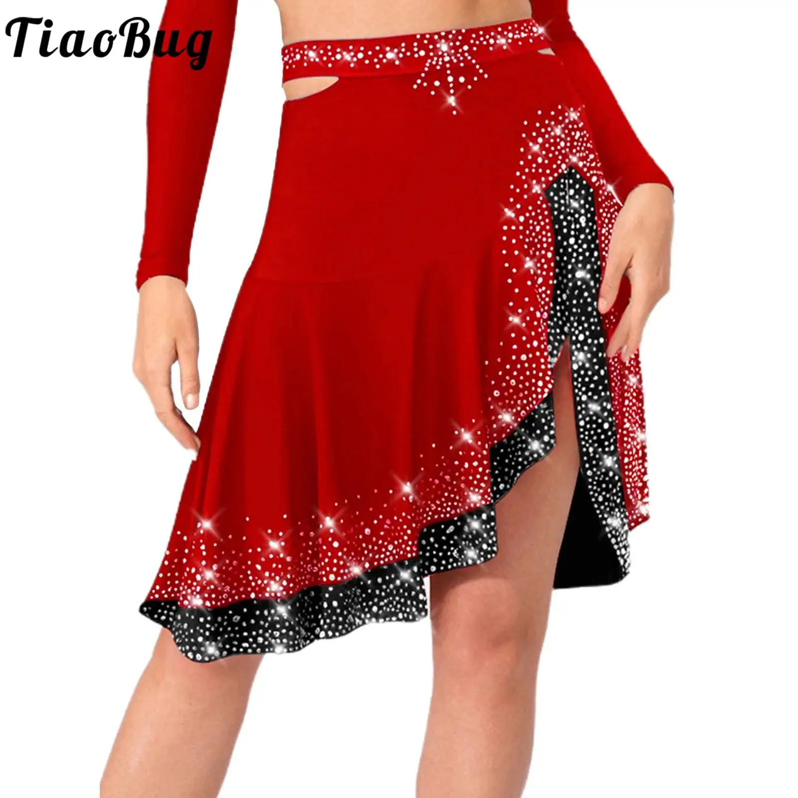 Women Jazz Latin Dance Costume Dancing Skirts Modern Ballet Dancewear Rhinestones Color Contrast Waist Sides Cut Ruffled Skirt