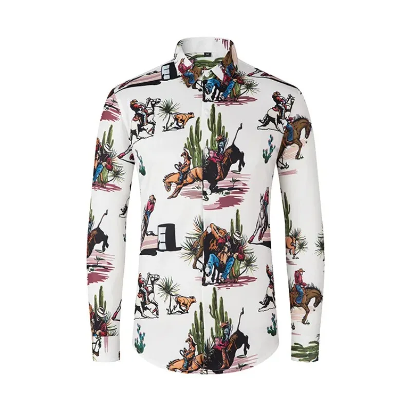 

Men's Shirt Long Sleeved Printed Slim Fitting Street Clothing 2024 Trend Fashion Versatile Men's Button Up Shirt