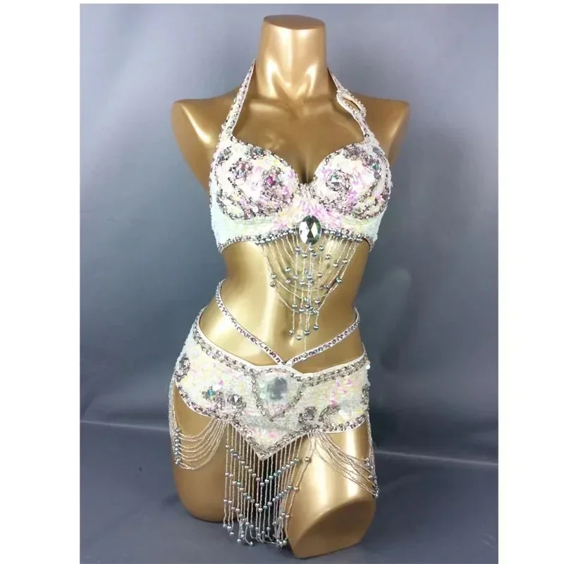 

Carnival Adult Women's Costume Beads Sequins Belly Dancing Bra and Belt Set Samba Wear Gold Oriental Show Stage Wear Singer