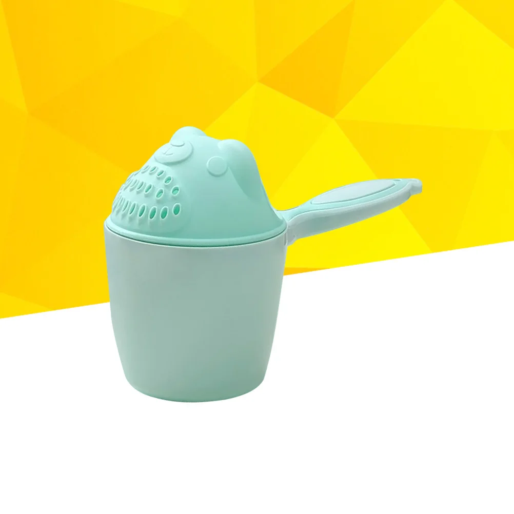 Taza de champú para bebé, diseño de oso de dibujos animados verde, plástico duradero, mango cómodo, enjuague el cabello, protege los ojos, baño, agua