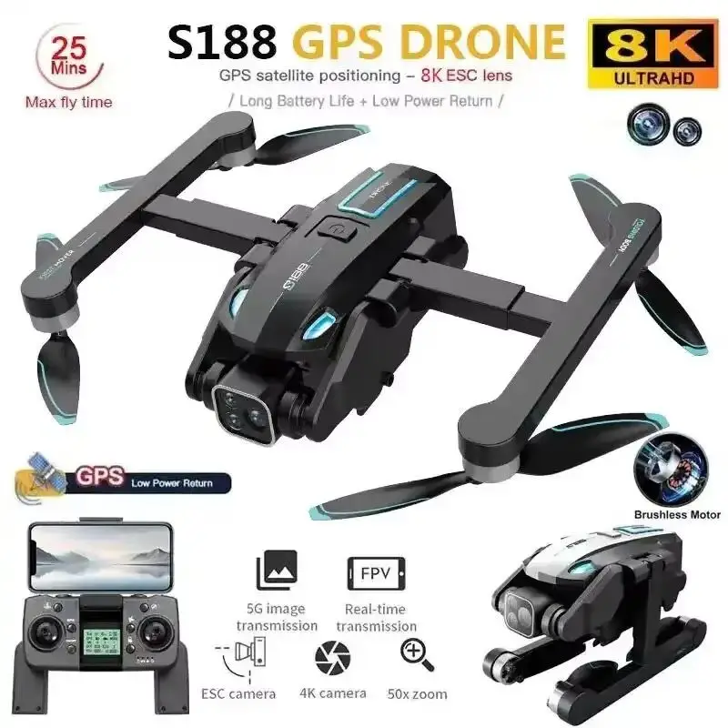 

Professional drone S188 6K HD aerial camera with GPS Wifi FPV brushless motor Folding quadcopter RC helicopter Children's gift t
