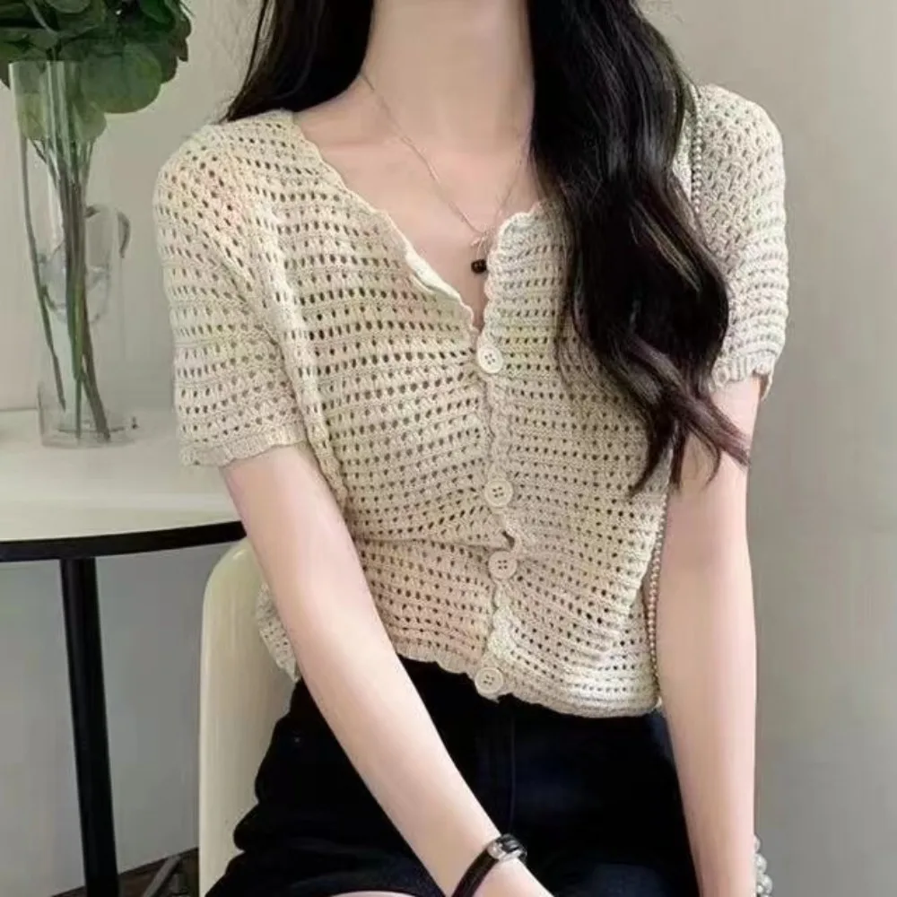 

Trendy Summer Knit Cardigan Hollow Out Solid Color Short Shawl Lace Sweet Girl Style Thin Outerwear