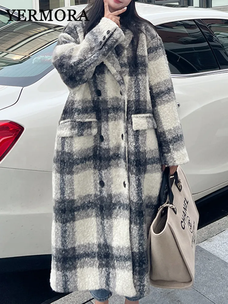 YERMORA White Color-Block Plaid Woolen Coat Loose Fit New Lapel Long Sleeve Women Jacket Fashion Tide Autumn Winter 2024