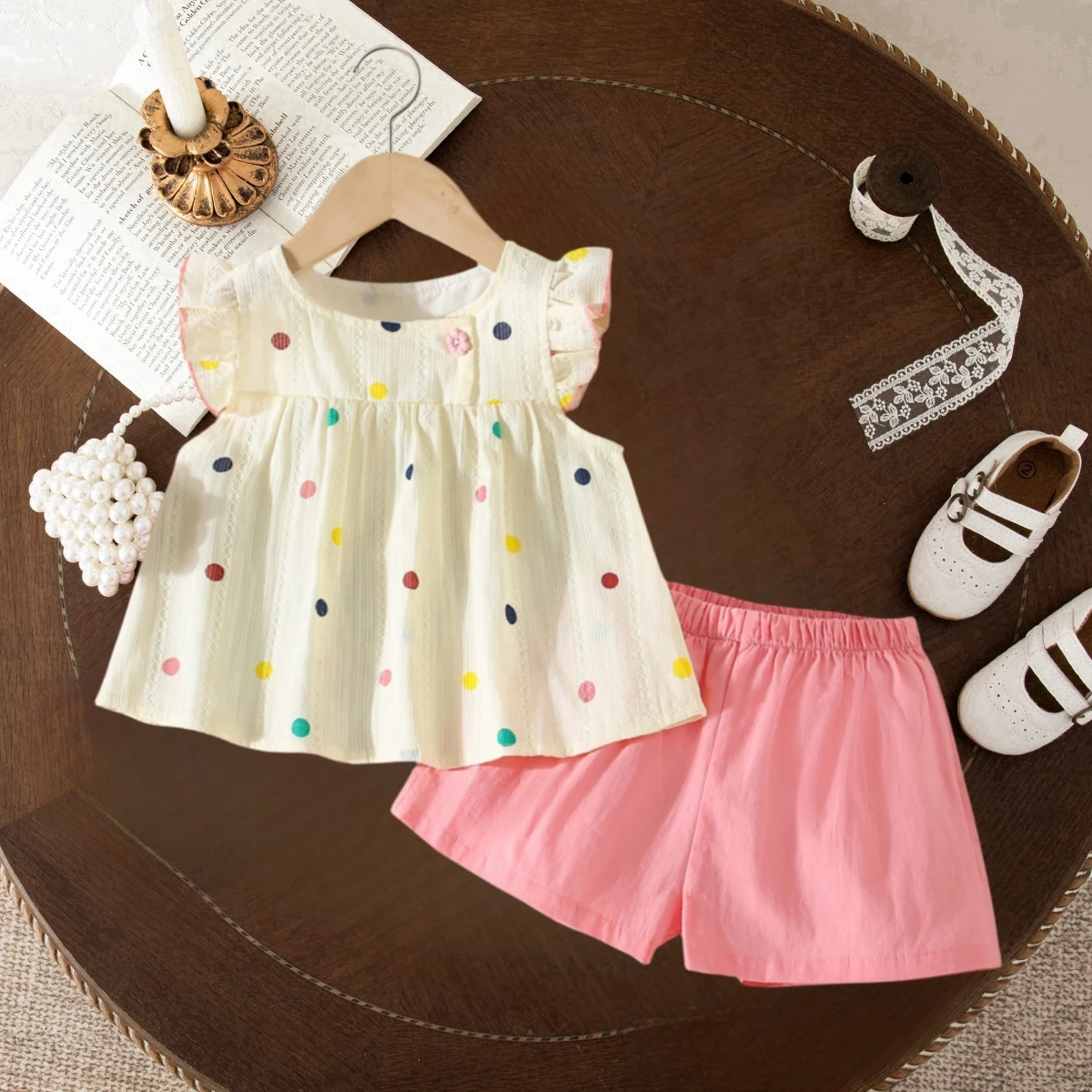 

Summer Cute Baby Clothes for Girl Polka Dot Printed Ruffled Cotton Top with Pink Cotton Shorts