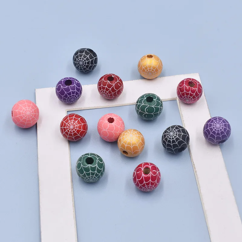 10pcs 16mm Round Spider web Painting Wood Loose Beads For Jewelry Making DIY Craft Bracelet Findings