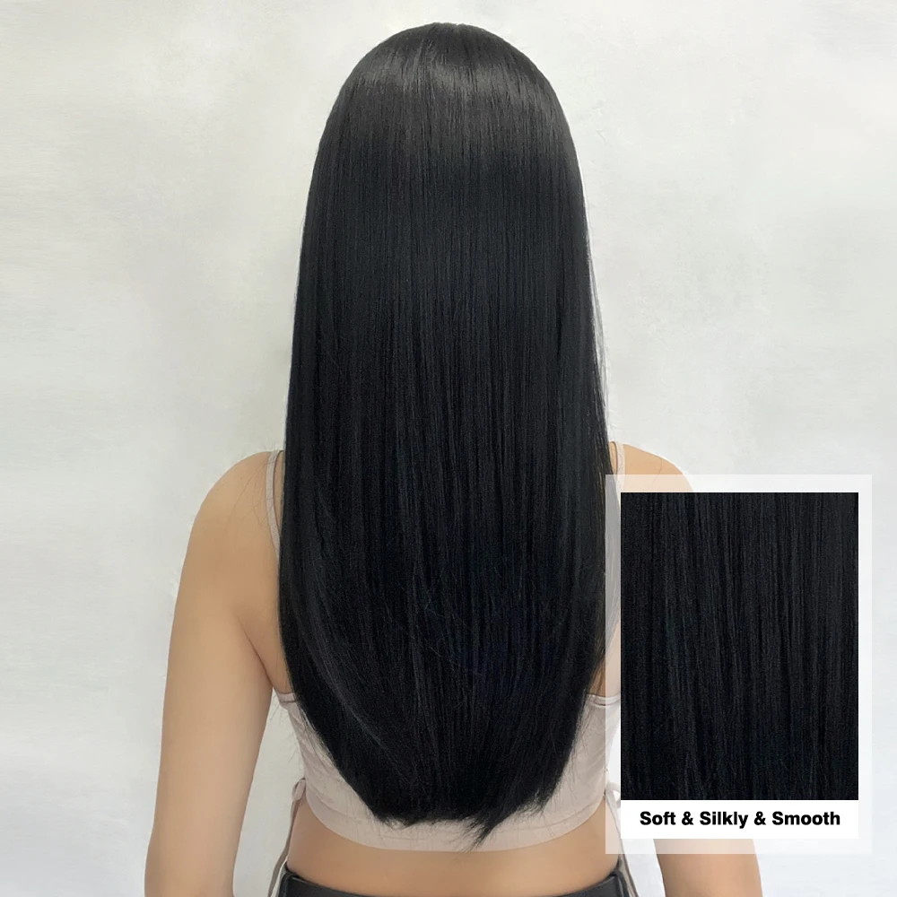 ALAN EATON Black Straight Synthetic Wigs with Bangs Long Smooth Hair for Women Daily Soft Natural Looking High Temperature Fiber