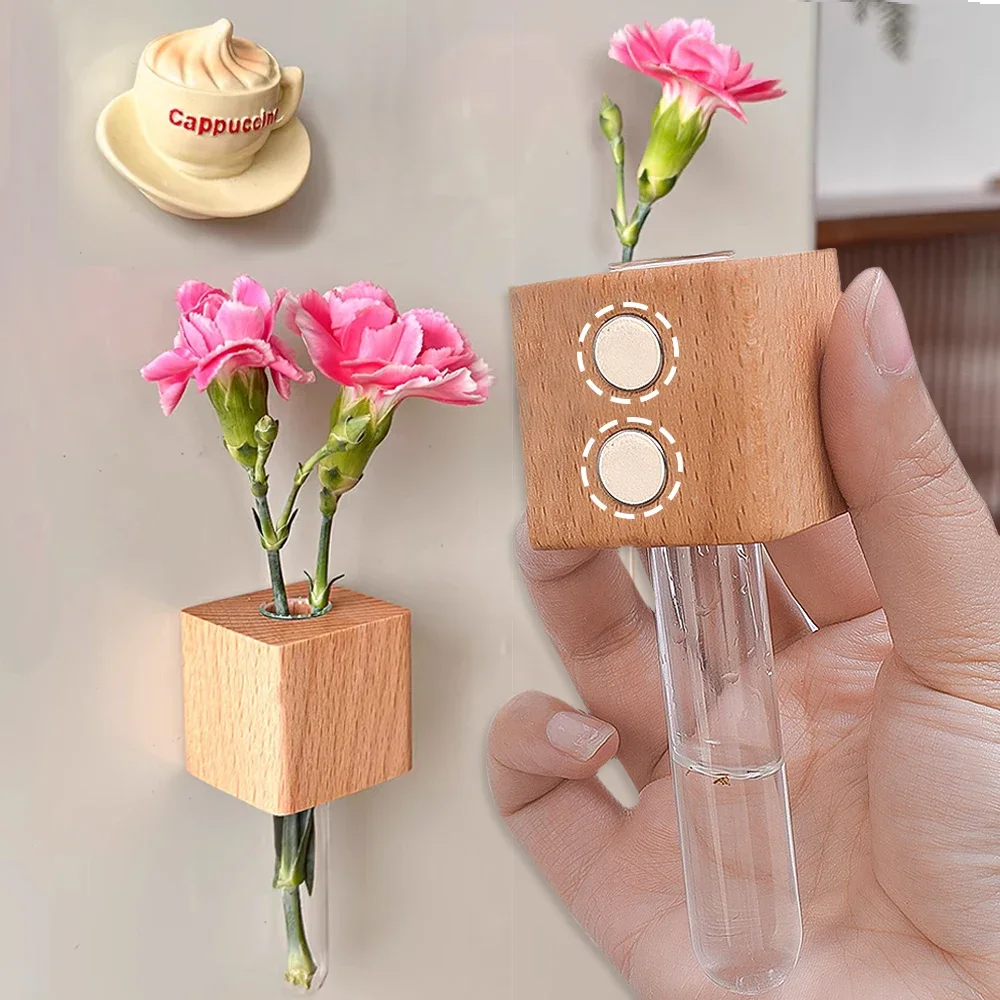 

Wooden Test Tube Vase DIY Flower Arrangement Magnetic Simulation Flower Vase Refrigerator Sticker Kitchen Decoration Vase Jar