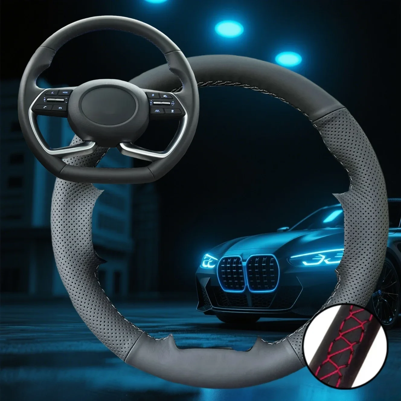 Customized Car Steering Wheel Braiding Cover For Hyundai Alcazar 2021 Creta Venue 2022 Car Accessories Hand-sewn Steering Wrap