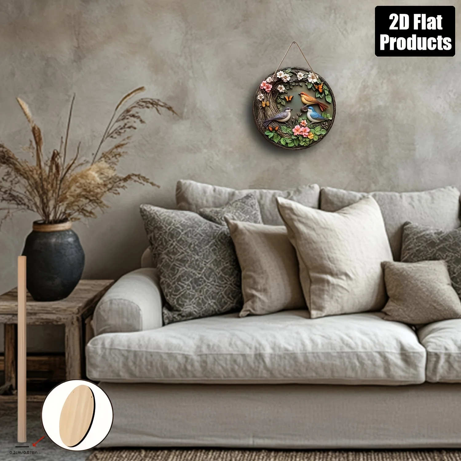 2D Flat, Vintage Round Wall Art - Artificial/R regenerated Wood Bird & Botanical Panel - Natural Style 2D Flat Houndstooth/ Diag