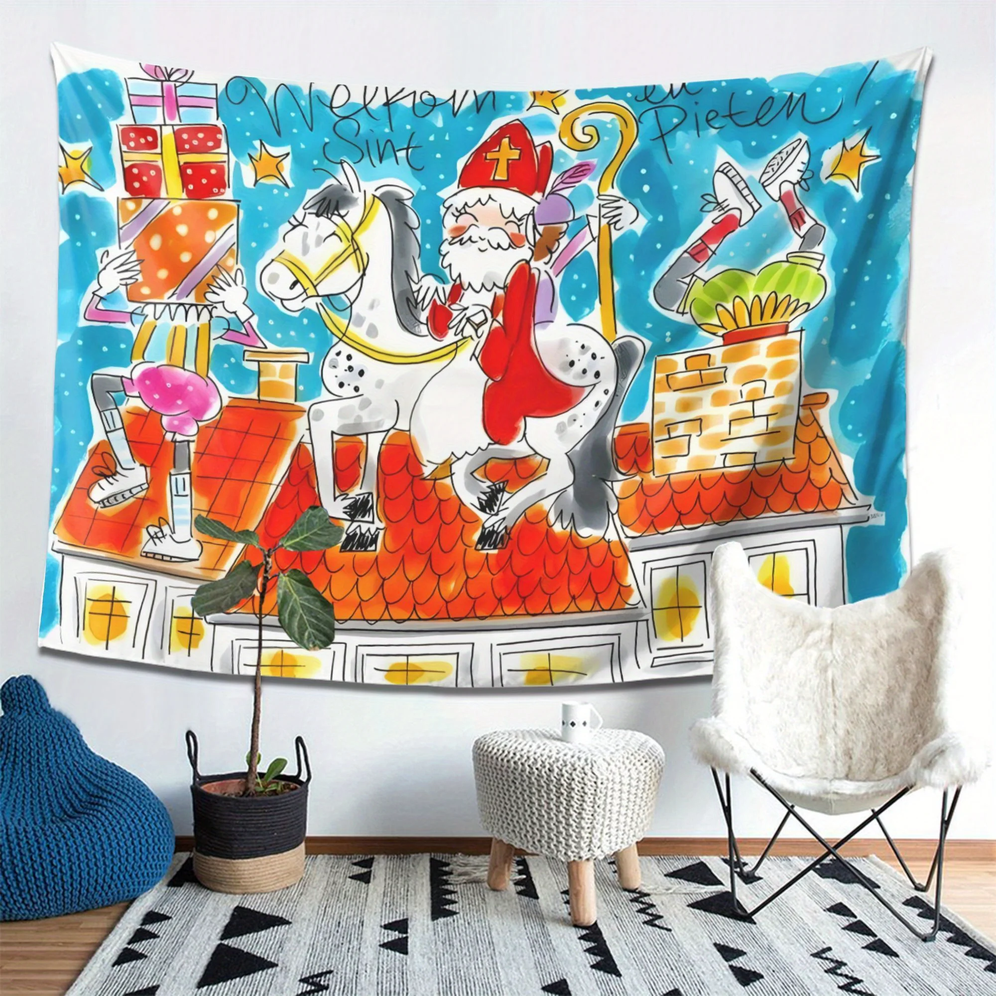 VIKAMA عيد الميلاد نسيج القديس نيكولاس و Piet طباعة غرفة نوم مدخل ميزة جدار ديكور نسيج ديكور المنزل #3