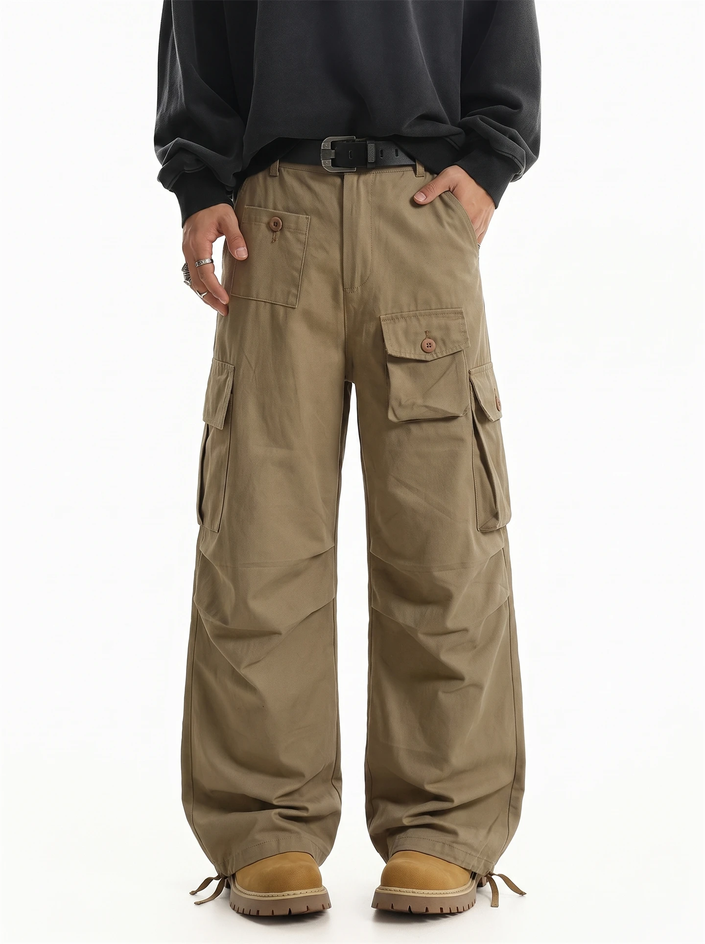 American Style Casual Pants Men's Loose Straight Leg Pants Autumn New Style Multi-Pocket Design Folded Line Workwear