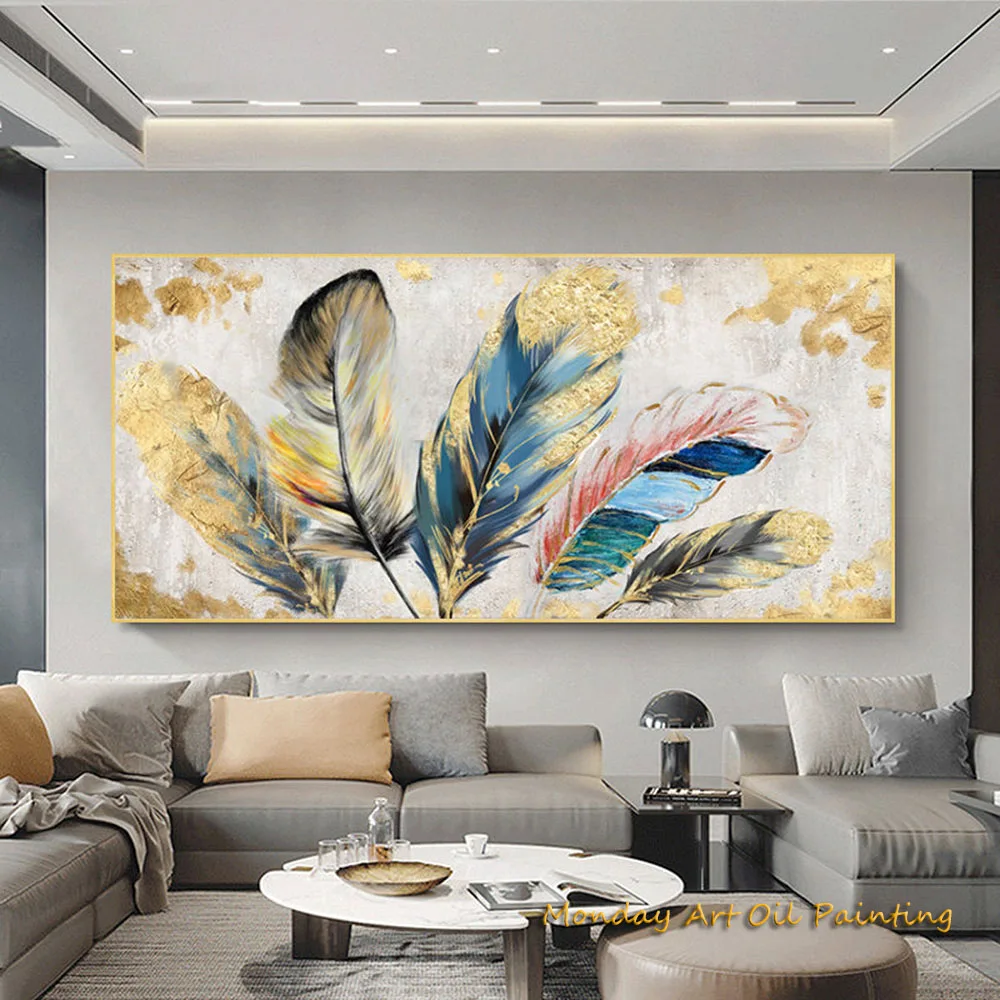 Hand Painted Animal Feather Oil Painting On Canvas Abstract Colorful Feather Modern Minimalist Artwork For Living Room Bedroom