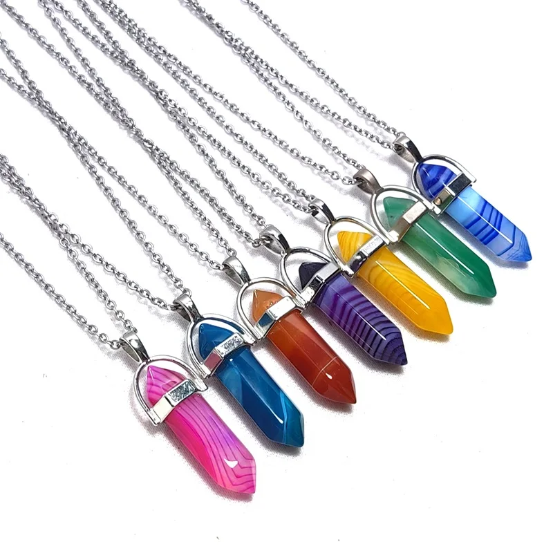 Natural Stripe Agate Stone Pendant Hexagon Prism Pendulum Chakra Jewelry Healing Crystal Quartz Point Women Men Necklaces