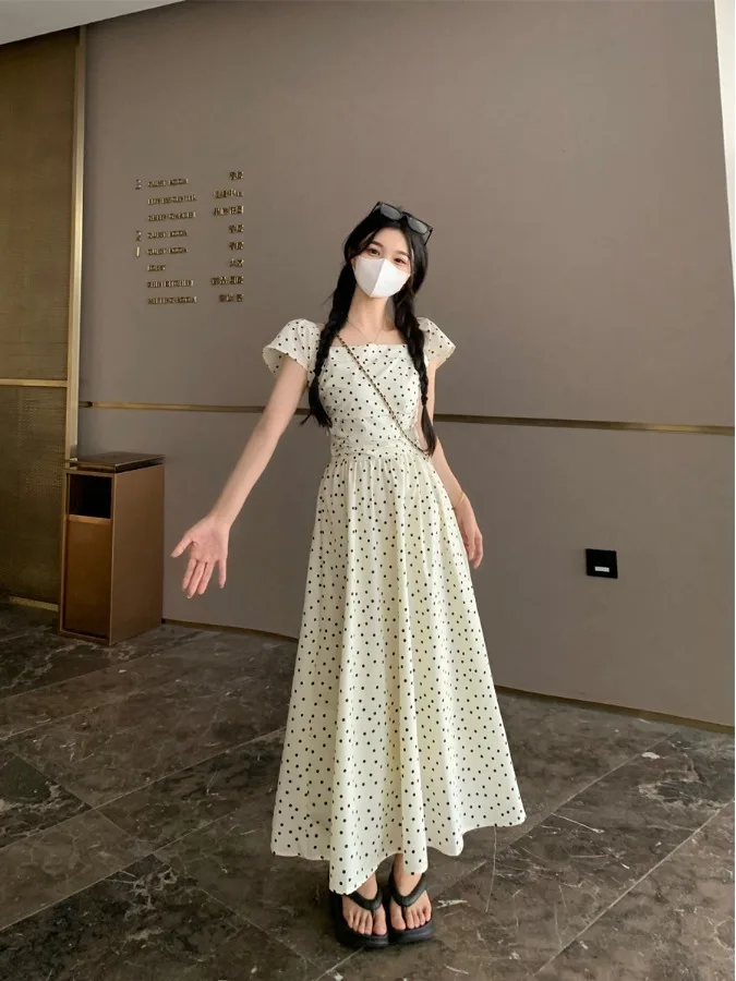

plus Size Polka Dot Dress Summer New Waist Cinching Slimming Design Sensation Long Skirt Commute Style Korean Version A-Line ...