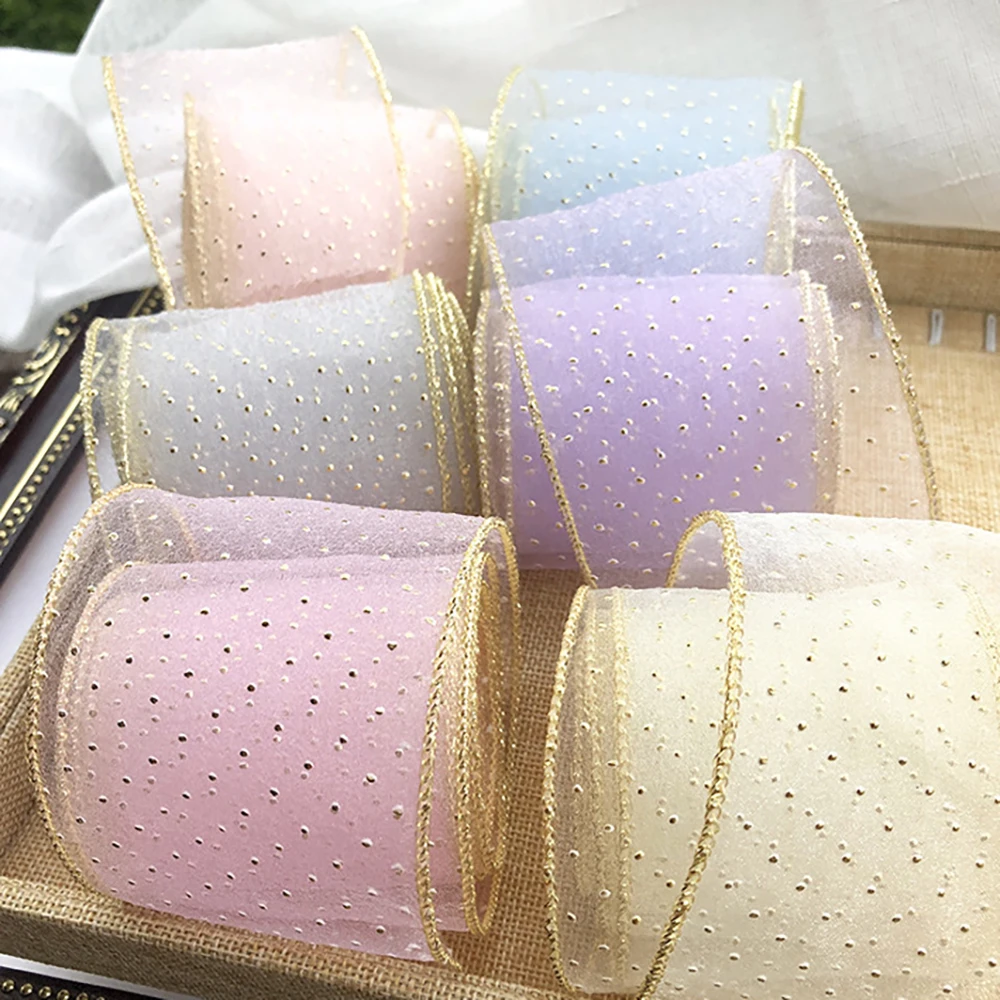 Chainho,Gauze Ribbon,Pure Color,With Golden Dot,DIY Handmade Bow Tie Materials,Gift Flower Packaging,Width 70mm,SD08