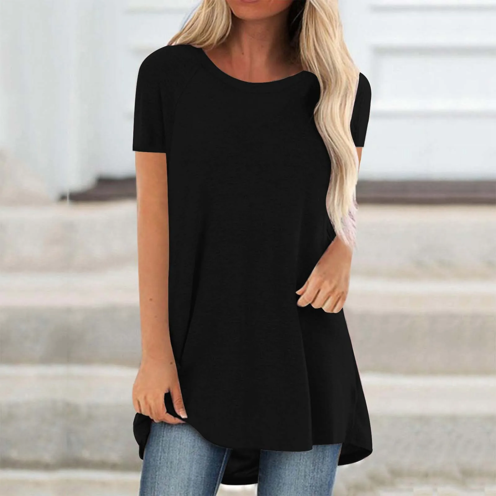 Plus Size 2024 New Women\'s Tunic Soild Fashion Long Shirts Round Neck Short Sleeve Casual Blouses Summer Women Clothing Blouse