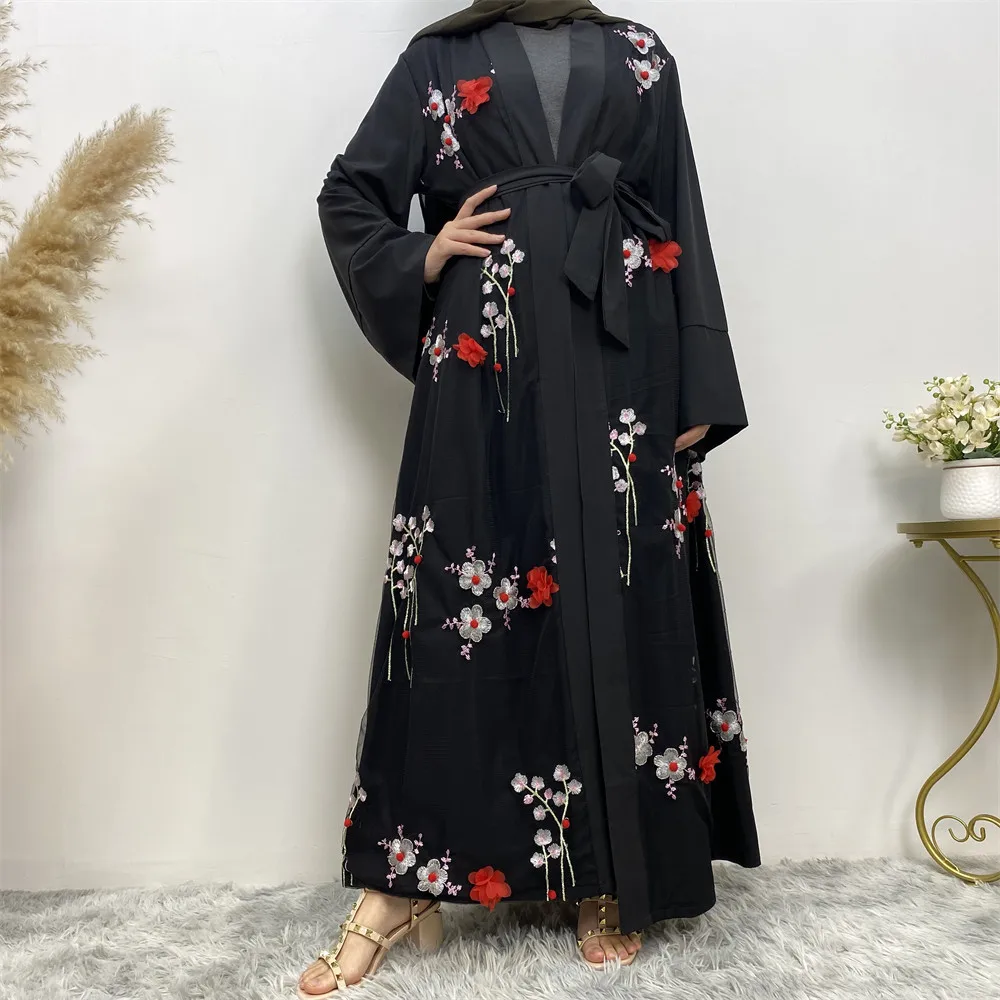 Imagem -04 - Eid Flower Open Abayas para Mulheres Vestido Muçulmano Quimono Jalabiya Túnica de Kaftan com Cinto Roupas Islâmicas Femme 2024