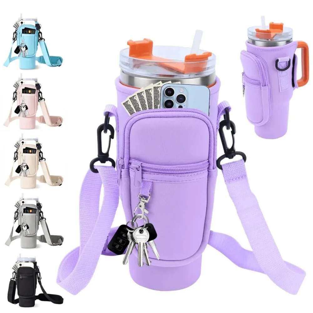 Non-slip Water Bottle Carrier Bag 40oz with Handle Insulated Cup Cover with Pocket Adjustable Shoulder Strap