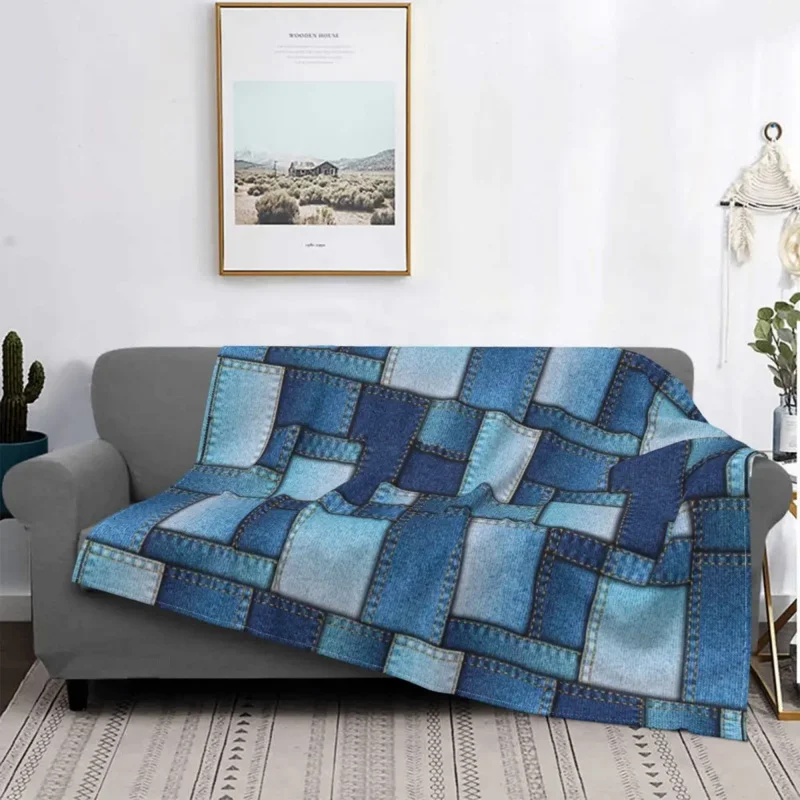 Denim Patchwork Blankets Flannel Summer Multi-function Warm Throw Blanket for Bed Office Bedspread