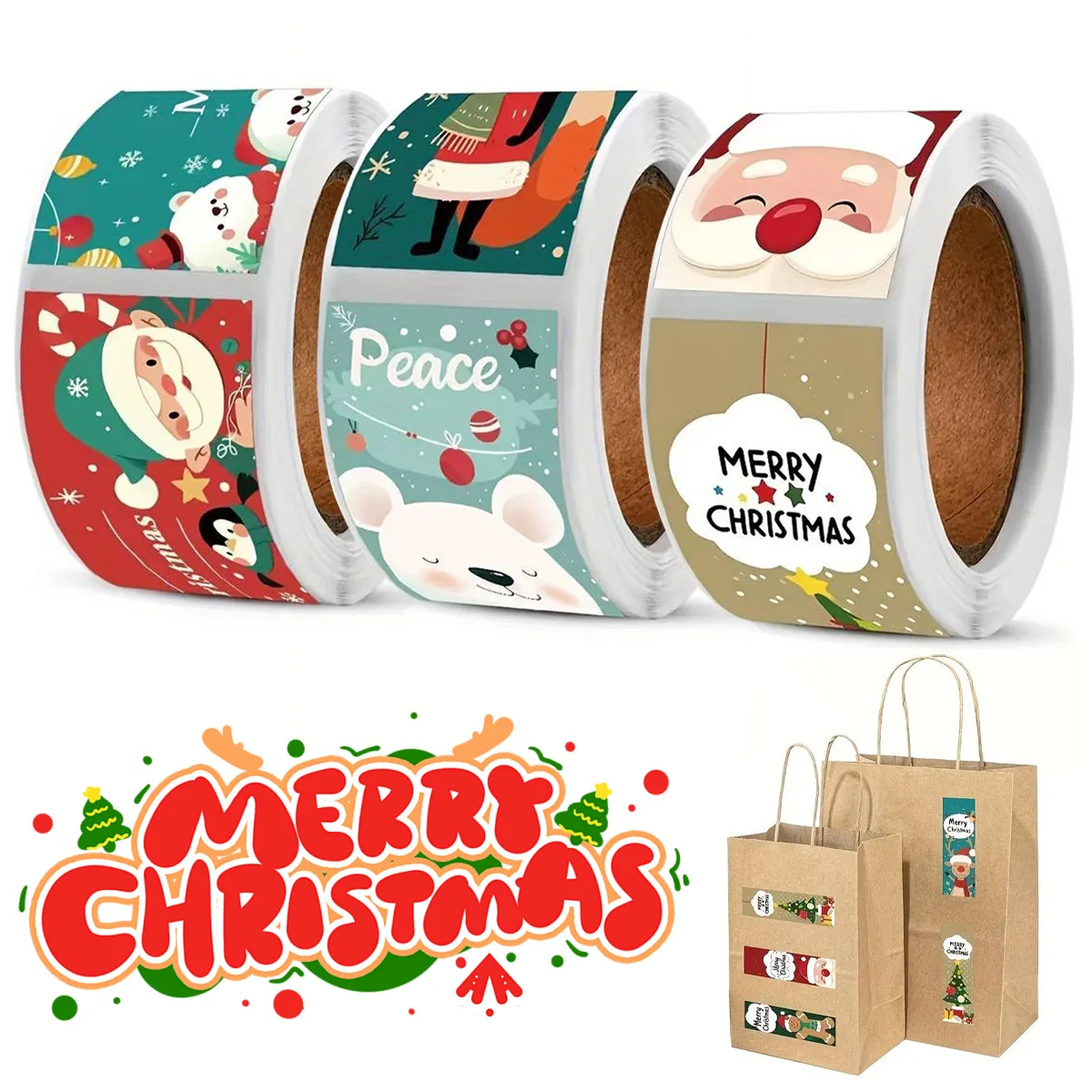 120/360/2400pcs Christmas Stickers Roll - Cute Santa Polar Bear, Merry Christmas - for Gift Wrapping, Packaging - Paper-Based