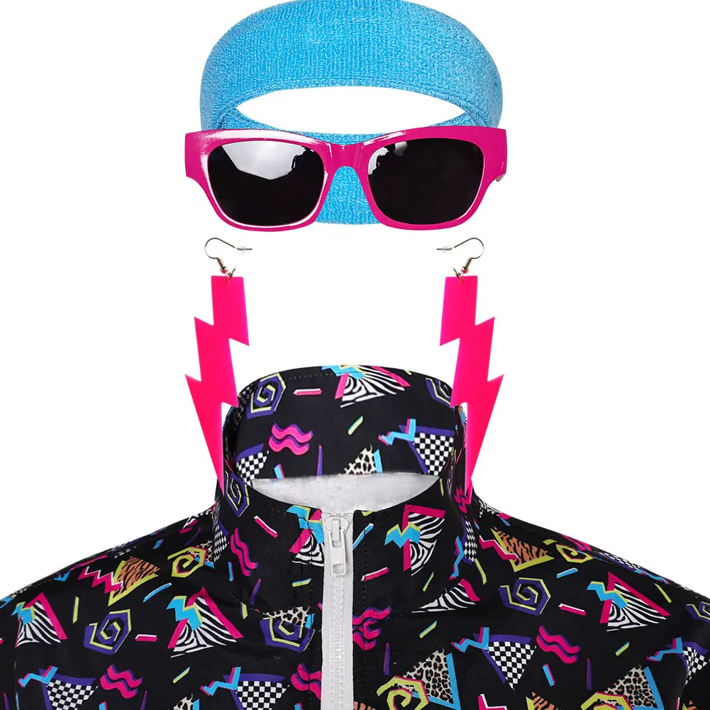 80S Retro Hip Hop Disco Cosplay Summer Tracksuit Costume Vintage Disguise Earrings Hairband Props Adult Halloween Role play Suit
