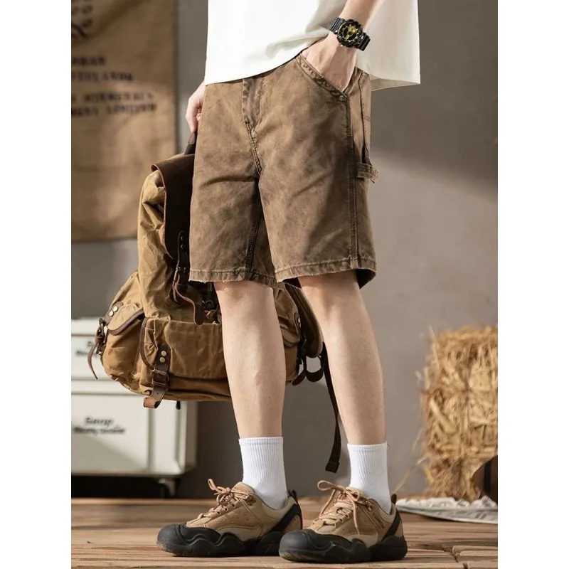 

Mens Vintage Washed Cargo Shorts Multi Side Pockets Loose Knee Length Casual Cotton Shorts