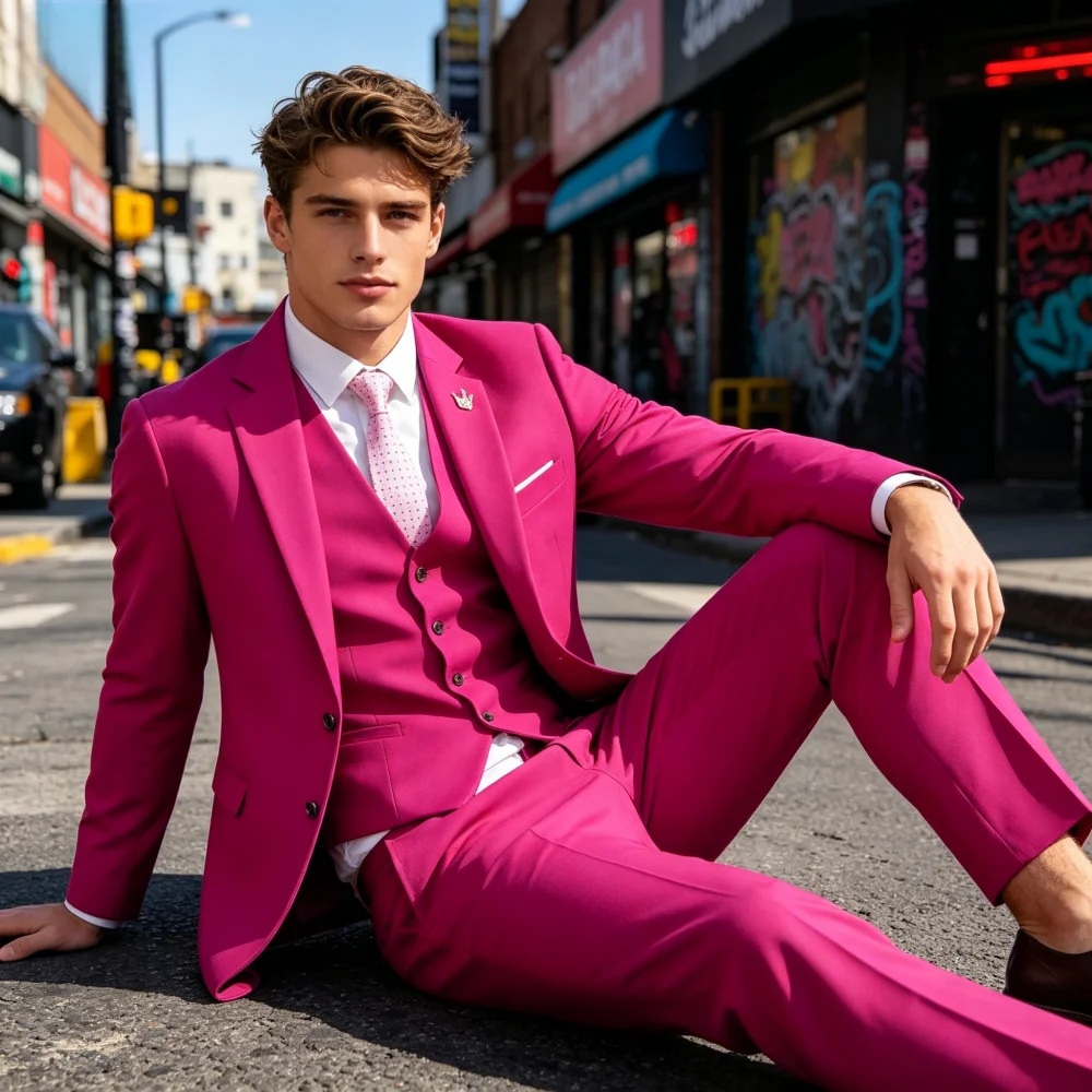 

Мужской костюм-тройка цвета розовой розы для деловых встреч и свадеб, высококачественный, элегантный, в европейско-американском стиле, для деловых мероприятий и вечеринок