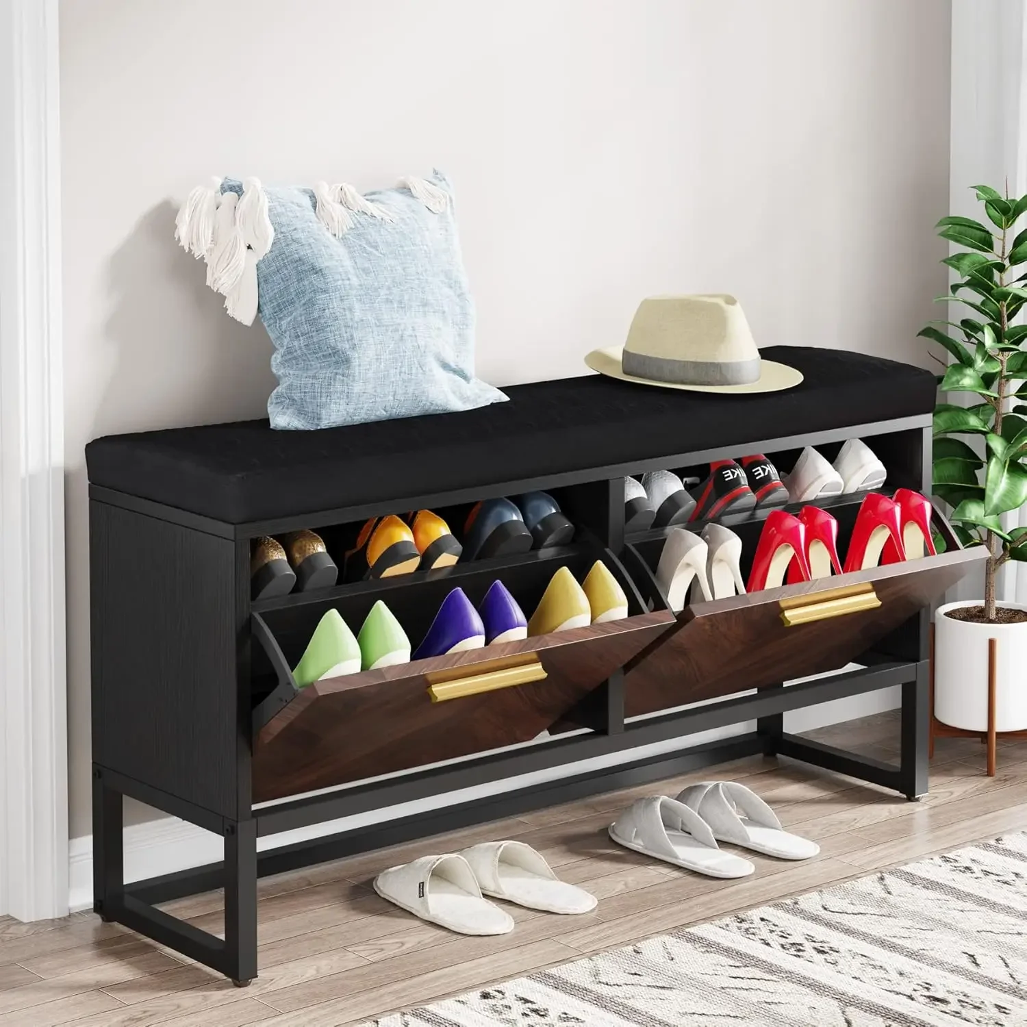 Shoe Storage Bench w/Seat Cushion, Entryway Shoe Bench w/ 2 Flip Drawers and Storage Cabinet for Living Room, Bedroom, Mudroom