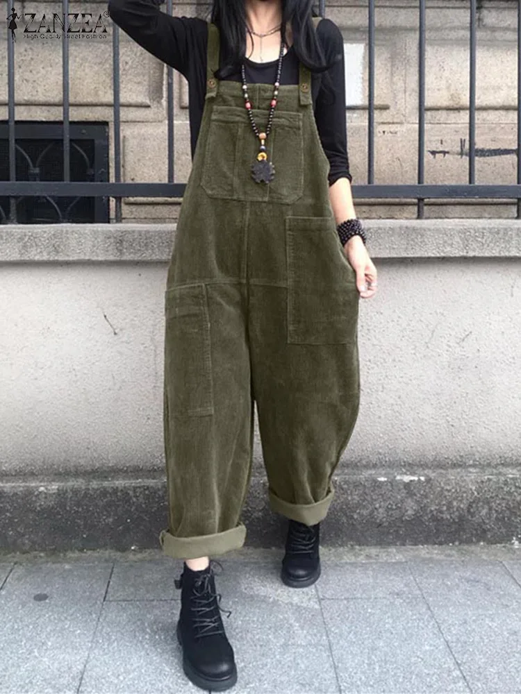 Fashion Corduroy Rompers ZANZEA 2024 Vintage Women Overalls Autumn Spaghetti Strap Solid Jumpsuits Casual Loose Dungarees